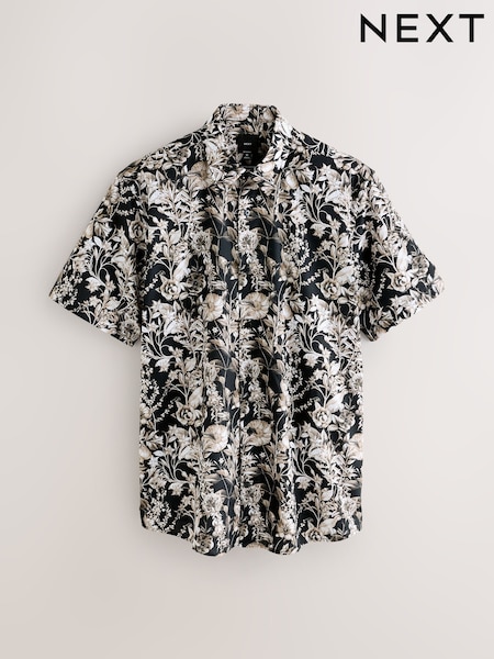 Black Mono Regular Fit Kew Collection 100% Cotton Floral Short Sleeve Shirt (AL6722) | €53