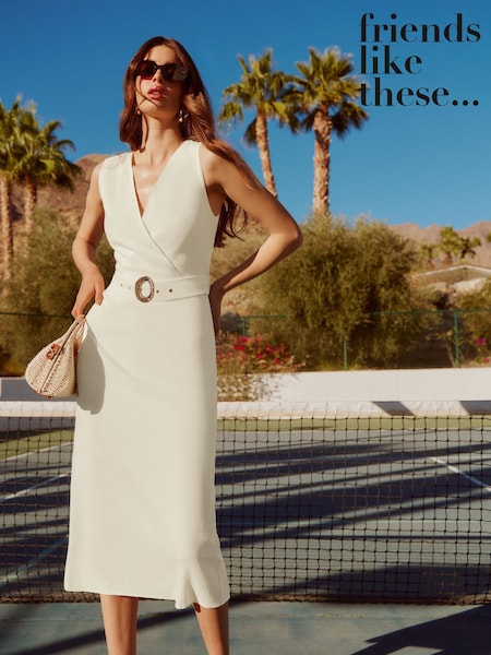 Elfenbein - Friends Like These Linen Blend Midi Wrap Front Dress (AL6815) | 90 €
