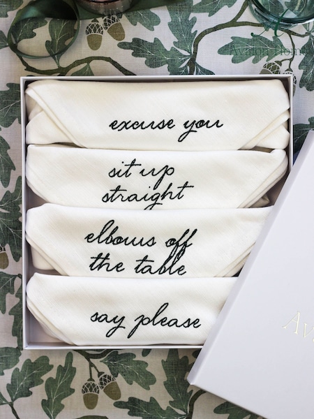 Avalon Home Set of 4 White Manners Collection 100% Cotton Napkins Gift Box (AL6852) | $106