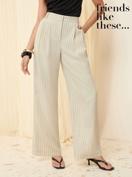 Friends Like These Cream Stripe Wide Leg Tailored Trousers With Linen (AL6864) | ₪191
