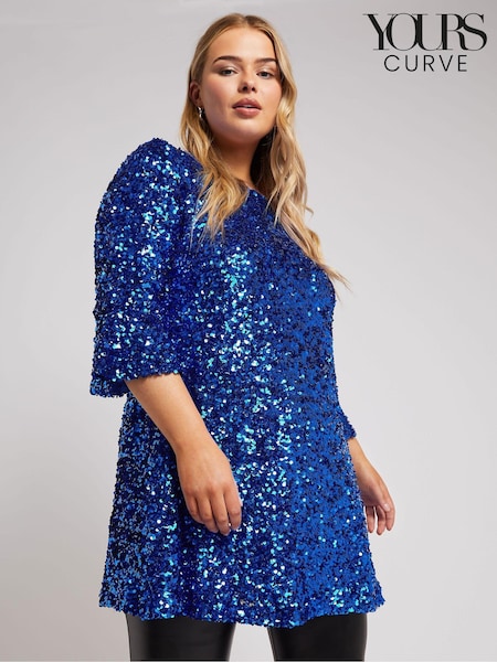 Yours Curve Blue London Sequin Flute Sleeve Top (AL6866) | €39