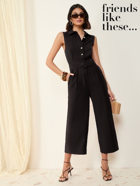 Negro - Friends Like These Sleevless Belted Utility Tailored Jumpsuit (AL6869) | 76 €