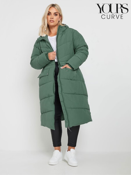 Yours Curve Green Borg Hooded Midi Padded Coat (AL6878) | ₪407