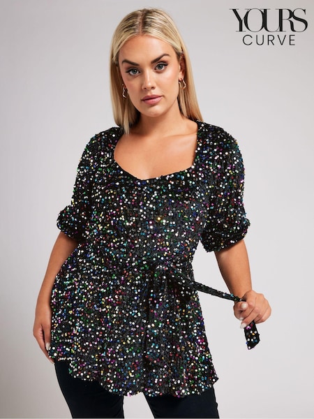 Green - Yours Curve London Sequin Velvet Peplum Top (AL6887) | 238 LEI