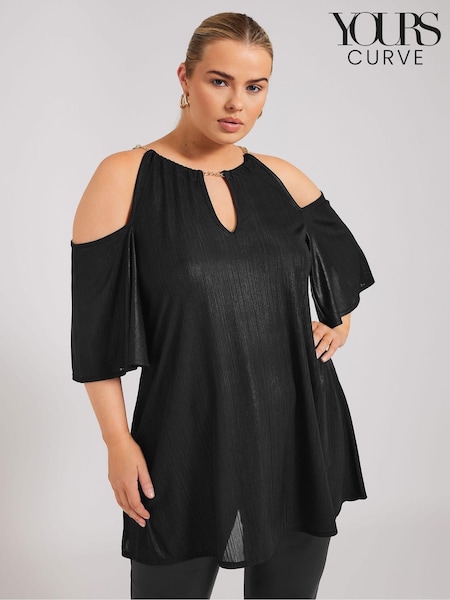 Yours Curve Black London Foil Chain Detail Top (AL6919) | 96 QAR