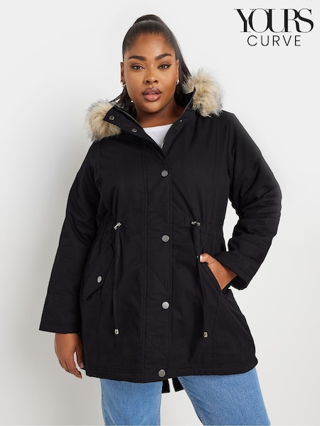 Yours Curve Black Petite Faux Fur Trim Parka (AL6920) | ₪352