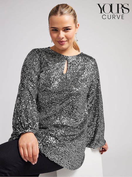 Yours Curve Silver London Sequin Keyhole Bellow Sleeve Top (AL6923) | €34