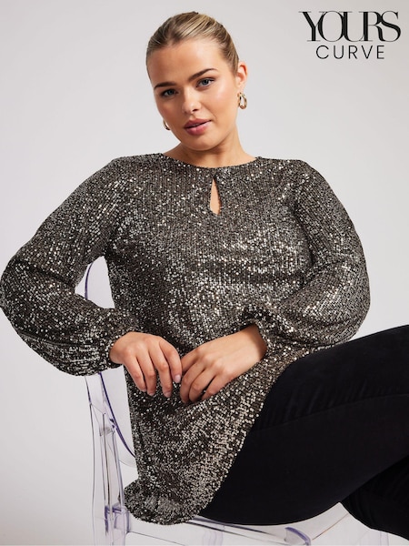 Yours Curve Gold London Sequin Keyhole Bellow Sleeve Top (AL6933) | €39