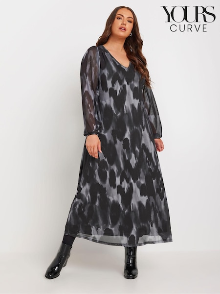 Yours Curve Grey Balloon Sleeve Mesh Maxi Dress (AL6940) | €52