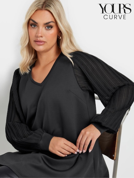 Yours Curve Black Pleated Sleeve V-Neck Top (AL7025) | €41
