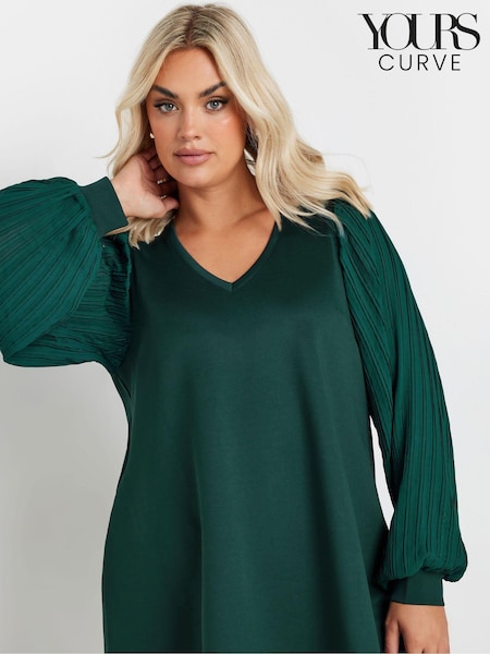 Yours Curve Green Pleated Sleeve V-Neck Top (AL7038) | 144 QAR