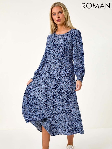 Roman Petite Print Shirred Cuff Midi Dress (AL7046) | R$ 545