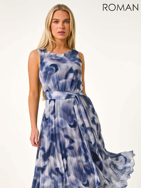 Roman Grey Petite Abstract Print Pleated Midi Dress (AL7048) | 346 QAR
