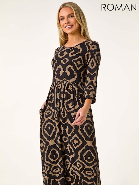 Roman Brown Petite Geo Print Gathered Midi Dress (AL7054) | 260 QAR