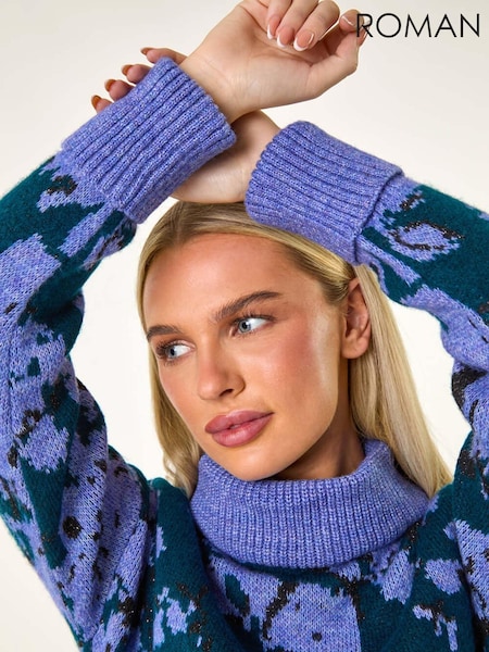 Roman Blue Petite Floral Print Roll Neck Jumper (AL7064) | $86