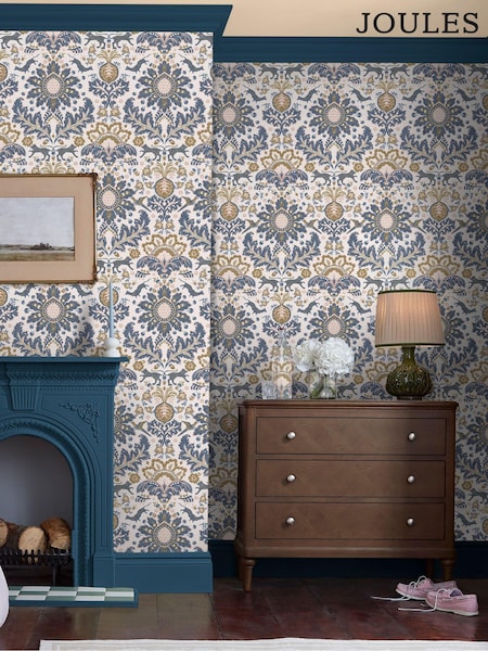 Joules CreamBlueGold Animal Damask Print 10M Wallpaper (AL7089) | R$ 475