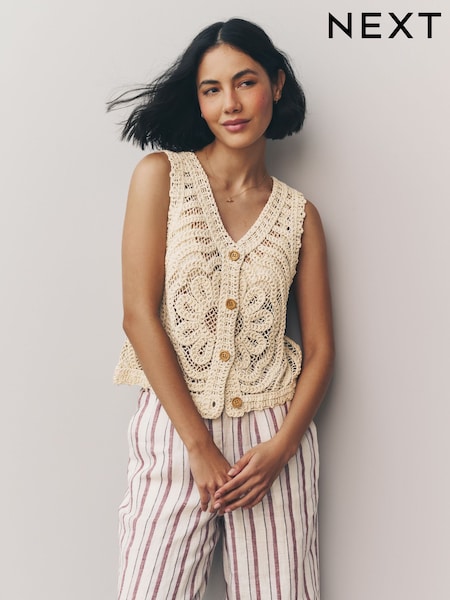 Kremna bež - 100% Cotton Floral Crochet Button Up Waistcoat (AL7156) | € 35