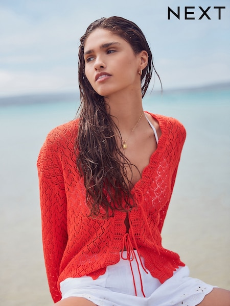 Rdeča in oranžna - Lace Knit Tie Front Cardigan with Linen (AL7169) | € 39
