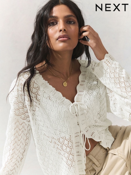Bela Ecru - Lace Knit Tie Front Cardigan with Linen (AL7172) | € 39