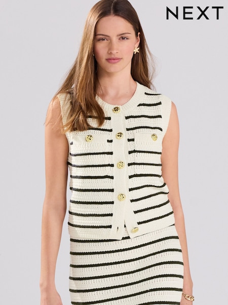 White Navy Stipe Stripe Crew Neck Button Up Waistcoat Co-Ord with Cotton (AL7180) | €46
