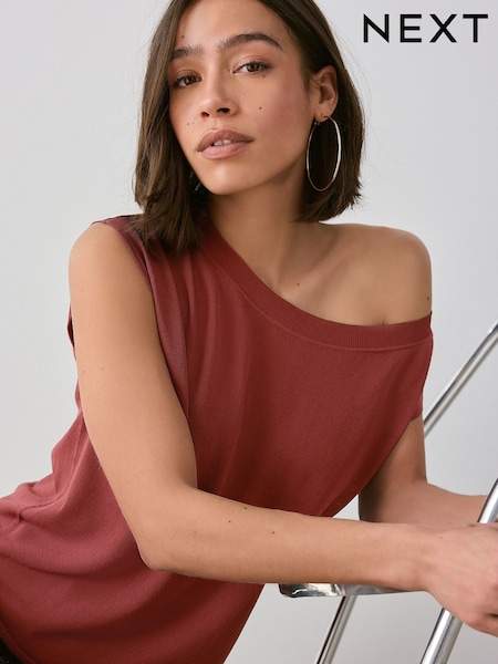 Punainen ruosteenpunainen - Asymmetric Off Shoulder 100% Cotton Knitted Top (AL7223) | €39
