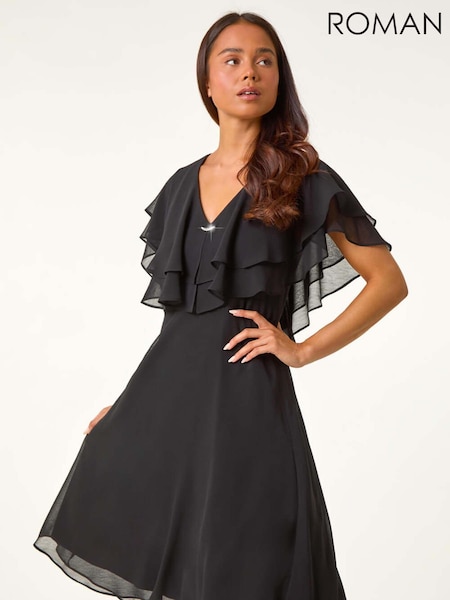 Roman Black Petite V-Neck Flare Trim Detail Cape Dress (AL7245) | 307 QAR