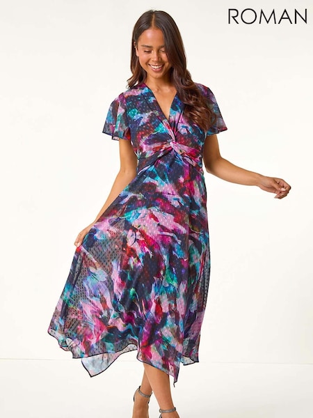 Roman Petite Print Twist Front Dobby Midi Dress (AL7250) | R$ 725