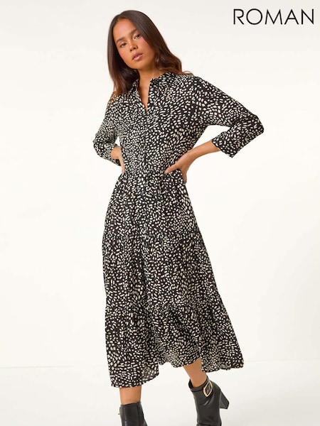 Roman Black Petite Geometric Button Tiered Midi Dress (AL7251) | €63