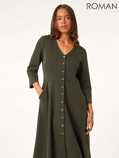 Roman Green Petite V-Neck Button Detail Stretch Dress (AL7259) | R$ 510
