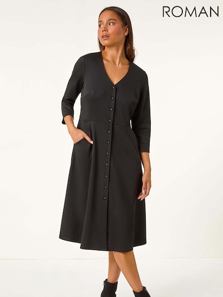Roman Black Petite V-Neck Button Detail Stretch Dress (AL7264) | AED306