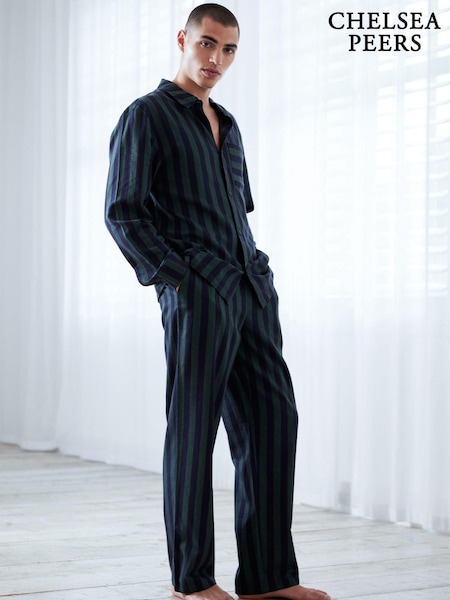 Chelsea Peers Green 100% Organic Cotton Brushed Stripe Long Pyjama Set (AL7283) | €60