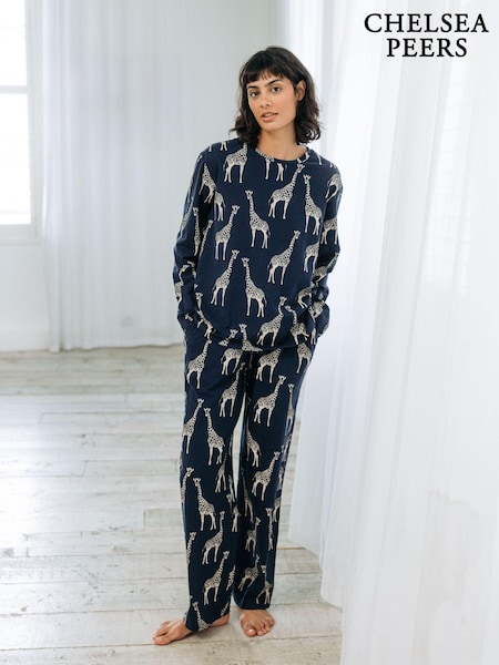 Chelsea Peers Blue Organic Cotton Giraffe Print Long Pyjama Set (AL7286) | AED140