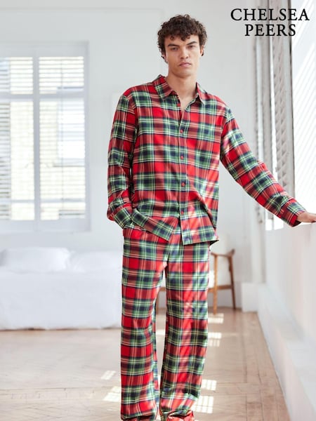 Chelsea Peers Red 100% Organic Cotton Brushed Check Long Pyjama Set (AL7287) | €43