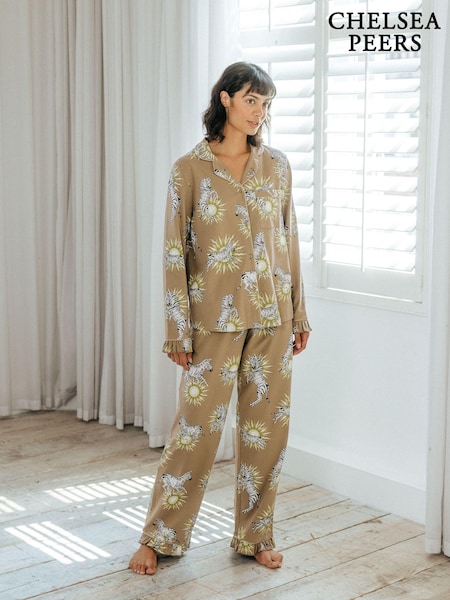 Chelsea Peers Brown Organic Cotton Celestial Zebra Frill Long Pyjama Set (AL7293) | AED160