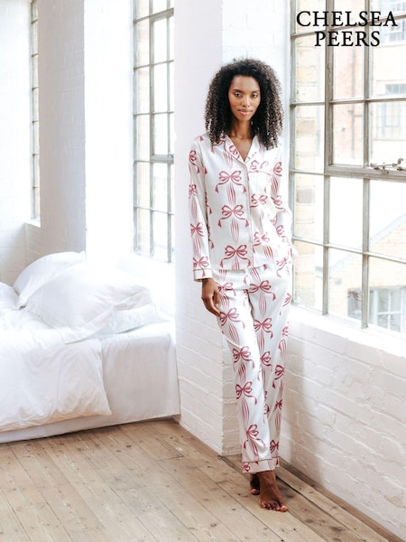 Chelsea Peers Pink Satin Christmas Ribbon Bow Print Long Pyjama Set (AL7295) | €36