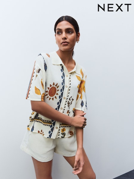 Abstract Sunshine Knitted Collared Short Sleeve Shirt With Linen (AL7303) | €48
