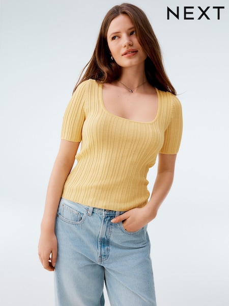 Keltainen - Fine Knit Ribbed Syvä O-kaula-aukko T-paita (AL7304) | €35