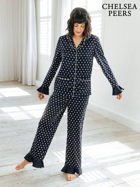 Chelsea Peers Blue Satin Frill Polka Dot Long Pyjama Set (AL7323) | AED160