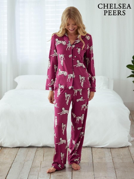 Chelsea Peers Red Dalmation Dog Print Button Up Long Pyjama Set (AL7333) | €42