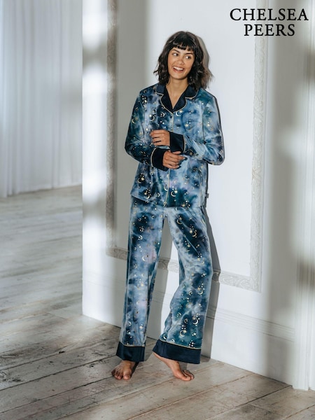 Chelsea Peers Blue Tie Dye Velour Gold Foil Moons & Stars Long Pyjama Set (AL7338) | AED305