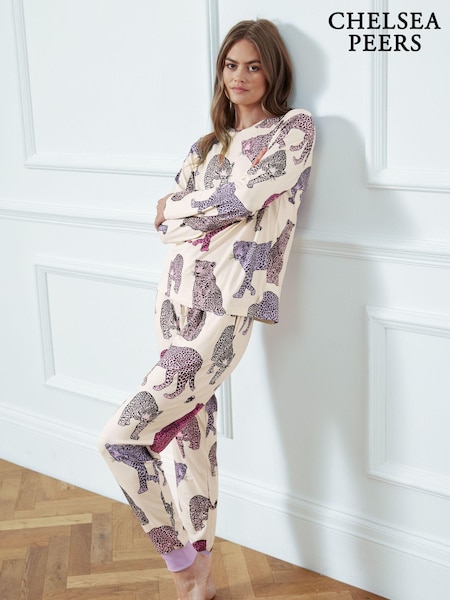 Chelsea Peers Pink Leopard Print Long Pyjama Set (AL7347) | ‏188 ر.ق.