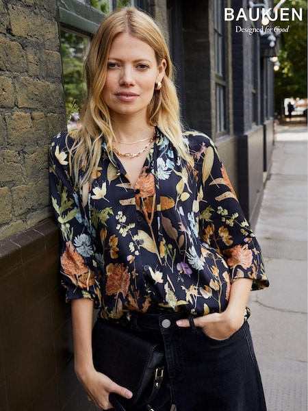 Baukjen Jasmine Printed Tie Neck Satin Black Blouse (AL7392) | 319 QAR