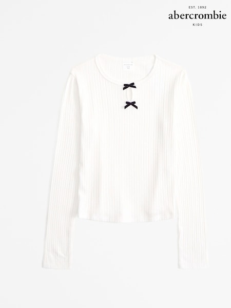 Abercrombie & Fitch White Long Sleeve Pointelle Bow Detail Top (AL7475) | AED55 - AED61