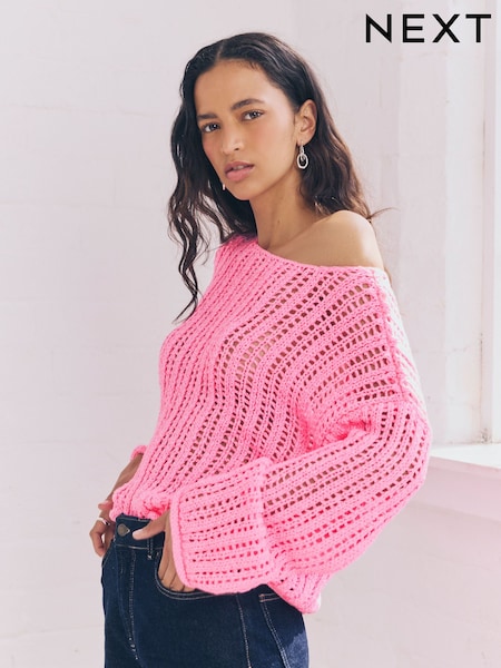 Pink Fluro Stitchy Off The Shoulder Flare Sleeve Jumper (AL7670) | $59