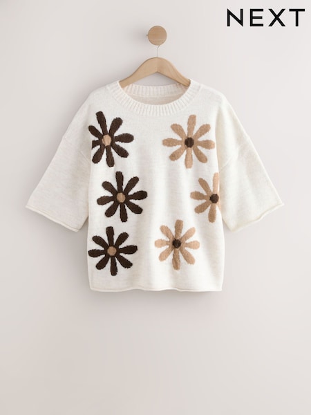 Neutral Floral Graphic Print Pattern Knitted Half Sleeve Top (AL7672) | €49.50