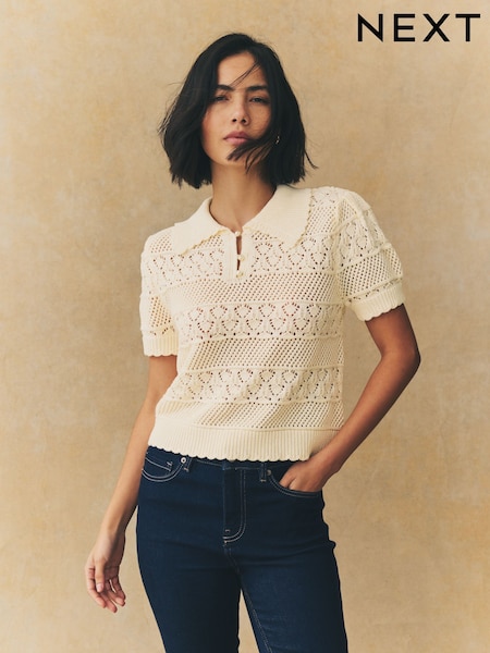 White Ecru Pearl Button Up Stitch Polo Top (AL7673) | €44