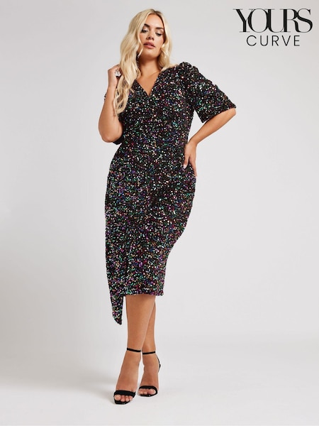 Yours Curve London Sequin Velvet Puff Sleeve Wrap Dress (AL7707) | €40