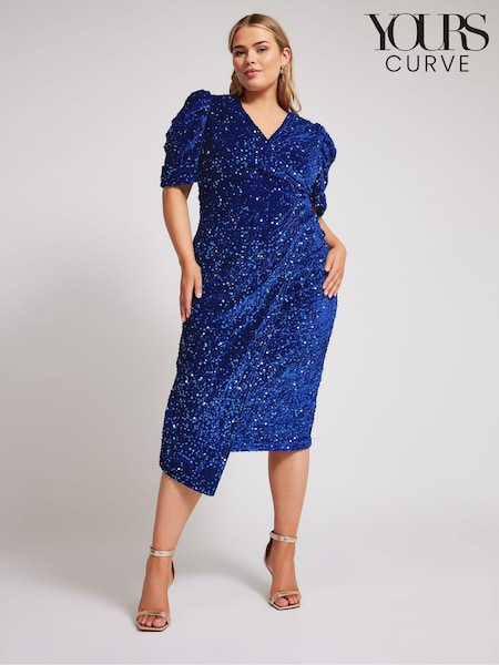 Yours Curve Blue London Sequin Velvet Puff Sleeve Wrap Dress (AL7716) | AED174