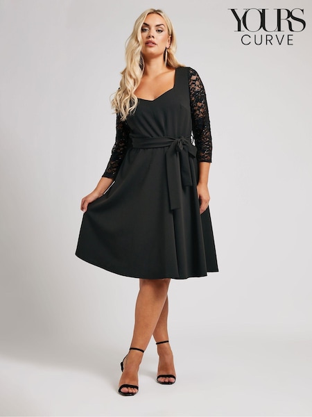 Yours Curve Black London Sequin Lace Sleeve Skater Dress (AL7724) | €43