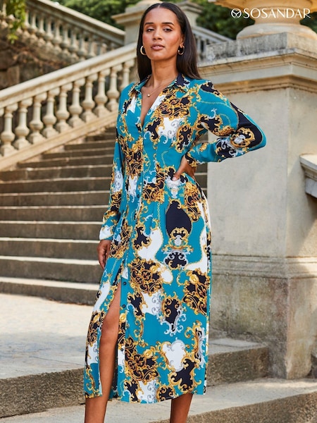 Sosandar Blue Multi Print Midi Shirt Dress (AL7752) | AED230